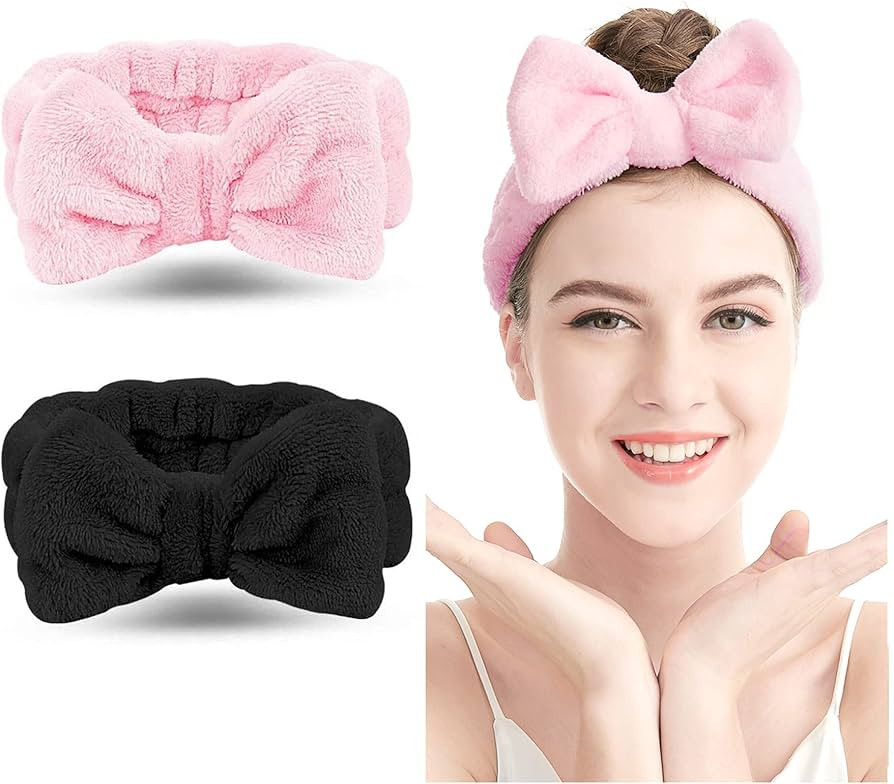 LADES Spa Headband – 2 Pack Bow Hair Band Women Facial Makeup Head Band Soft Coral Fleece Head ... | Amazon (US)