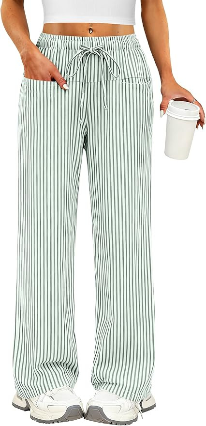 ANRABESS Womens Striped Gingham Pants 2026 Pajama Drawstring Wide Leg Lounge Plaid Pants Cute Cas... | Amazon (US)