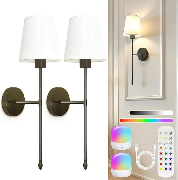 Battery Operated Wall Sconce Set of 2, Wireless Wall Sconce with Rechargeable Bulbs and Remote, 1... | Amazon (US)