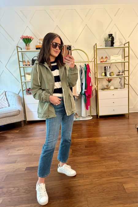 Casual weekend spring look - headed to two soccer games - cropped jeans from ayr - vuori rain jacket - striped tee - love these Cariuma sneakers 

#LTKSeasonal #LTKover40 #LTKstyletip