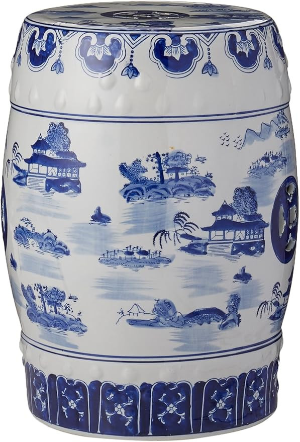 Oriental Furniture 18" Landscape Blue & White Porcelain Garden Stool | Amazon (US)