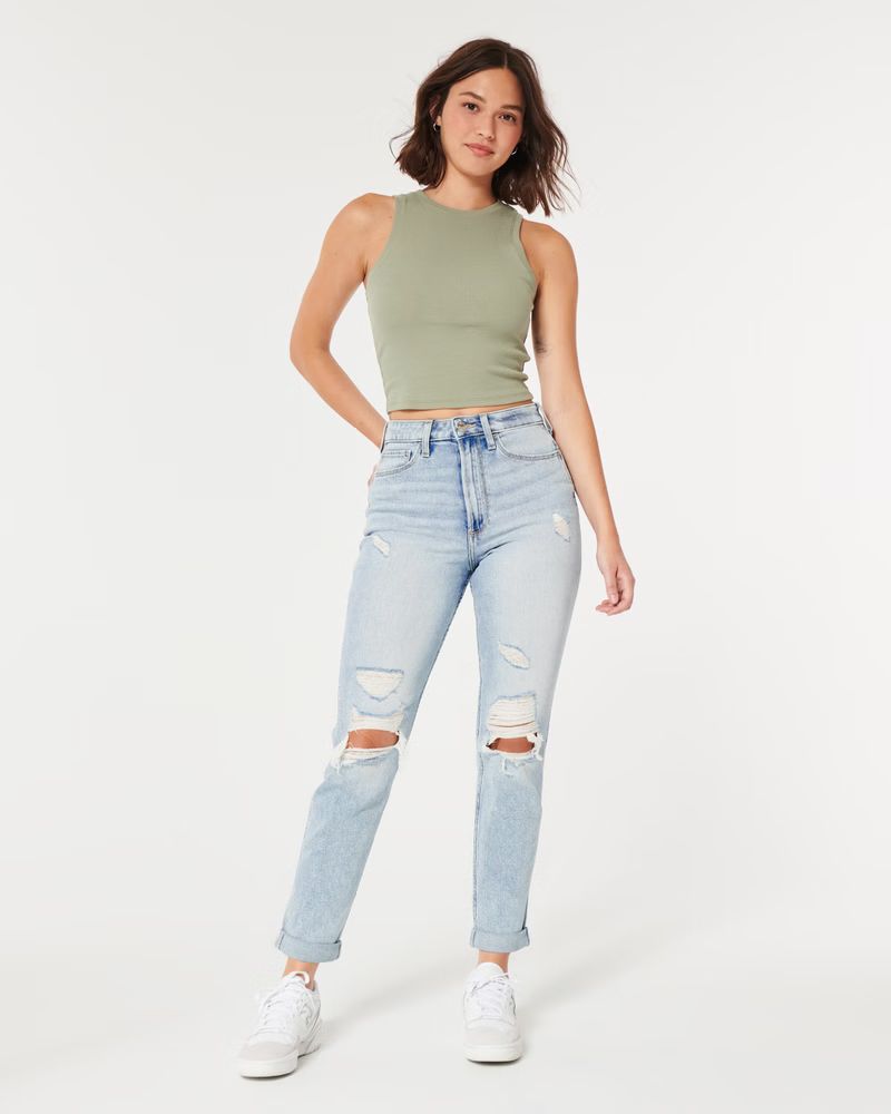 Curvy Ultra High-Rise Ripped Light Wash Mom Jeans | Hollister (US)