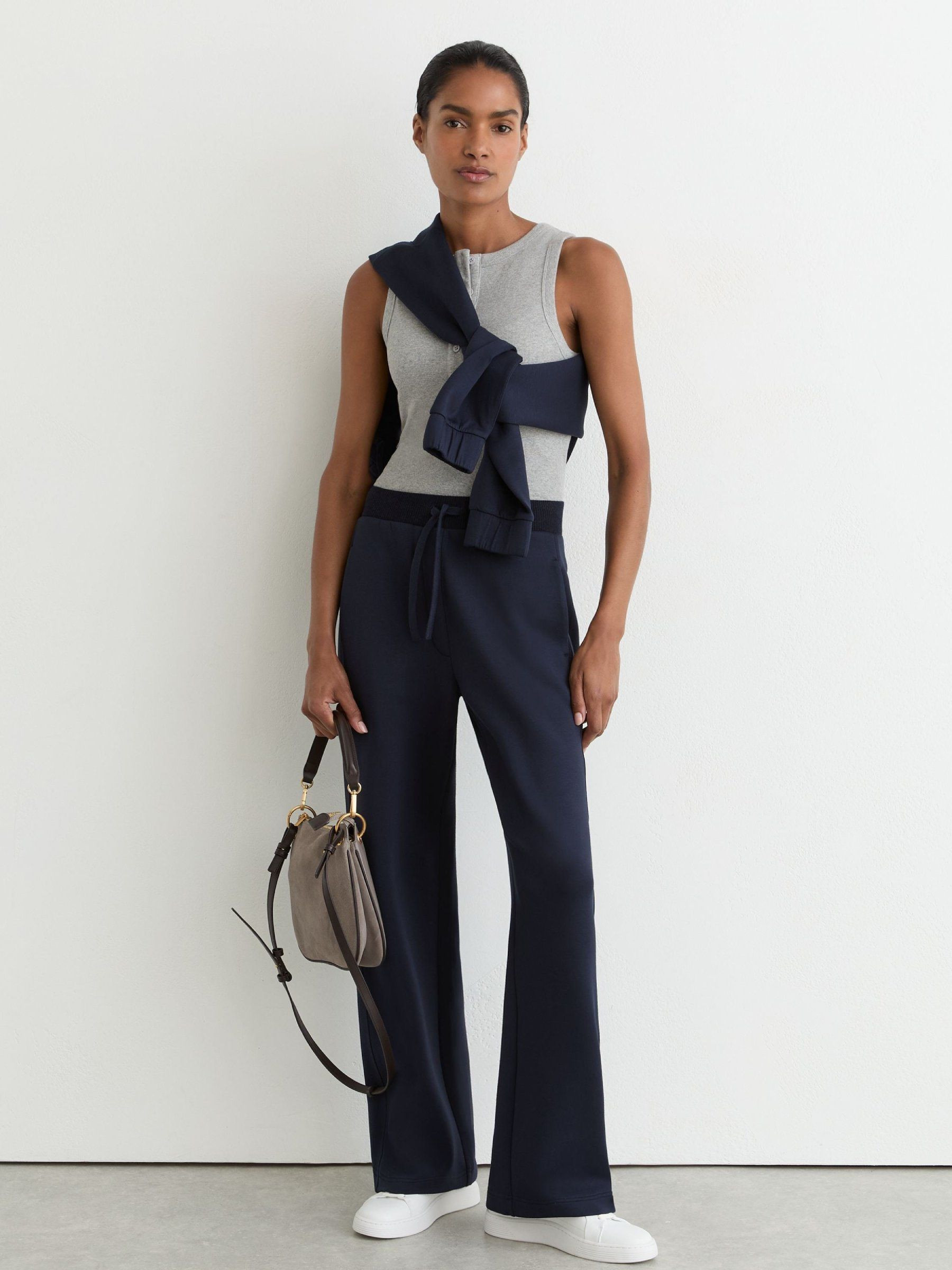 Reiss Premium Interlock Wide-Leg Joggers in Navy - REISS | Reiss UK
