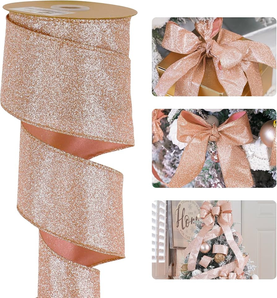 HUIHUANG Glitter Wired Ribbon Rose Gold 2-1/2", Sparkle Christmas Ribbon for Tree, Bows Making, W... | Amazon (US)