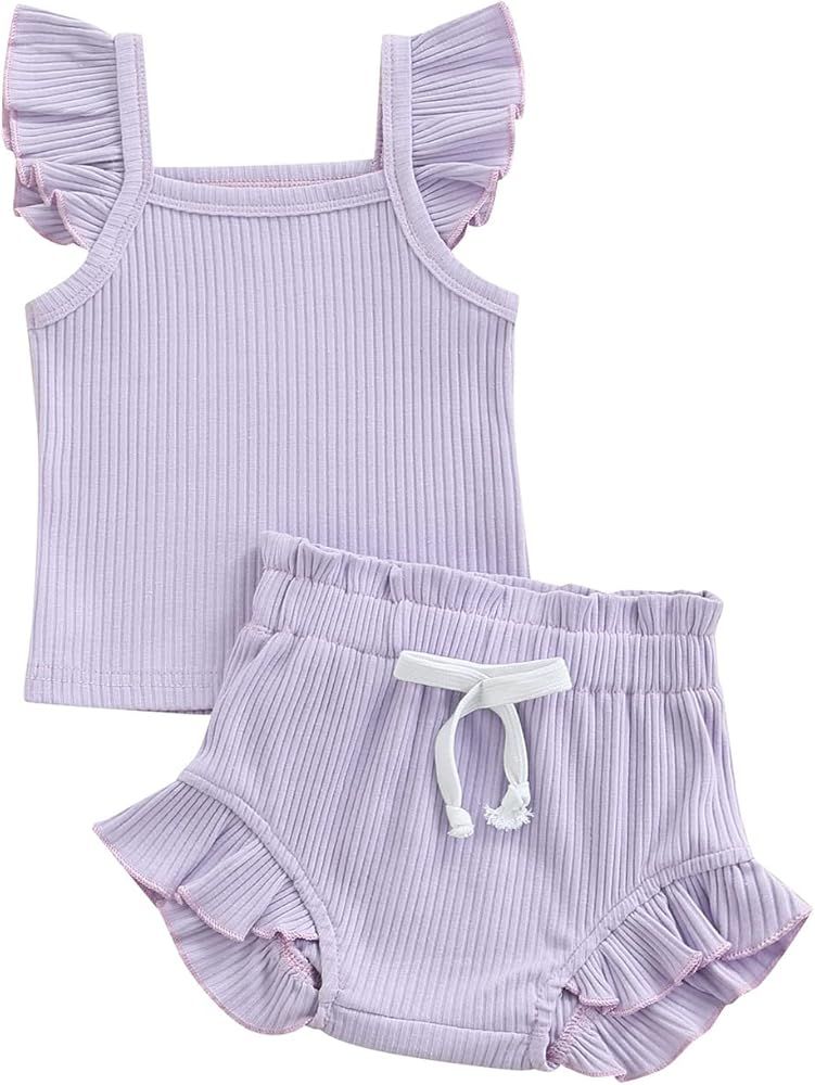 Newborn Baby Girl Summer Outfits Infant Sleeveless Ruffle Ribbed Shirt Tops Shorts Set 2 Piece Su... | Amazon (US)