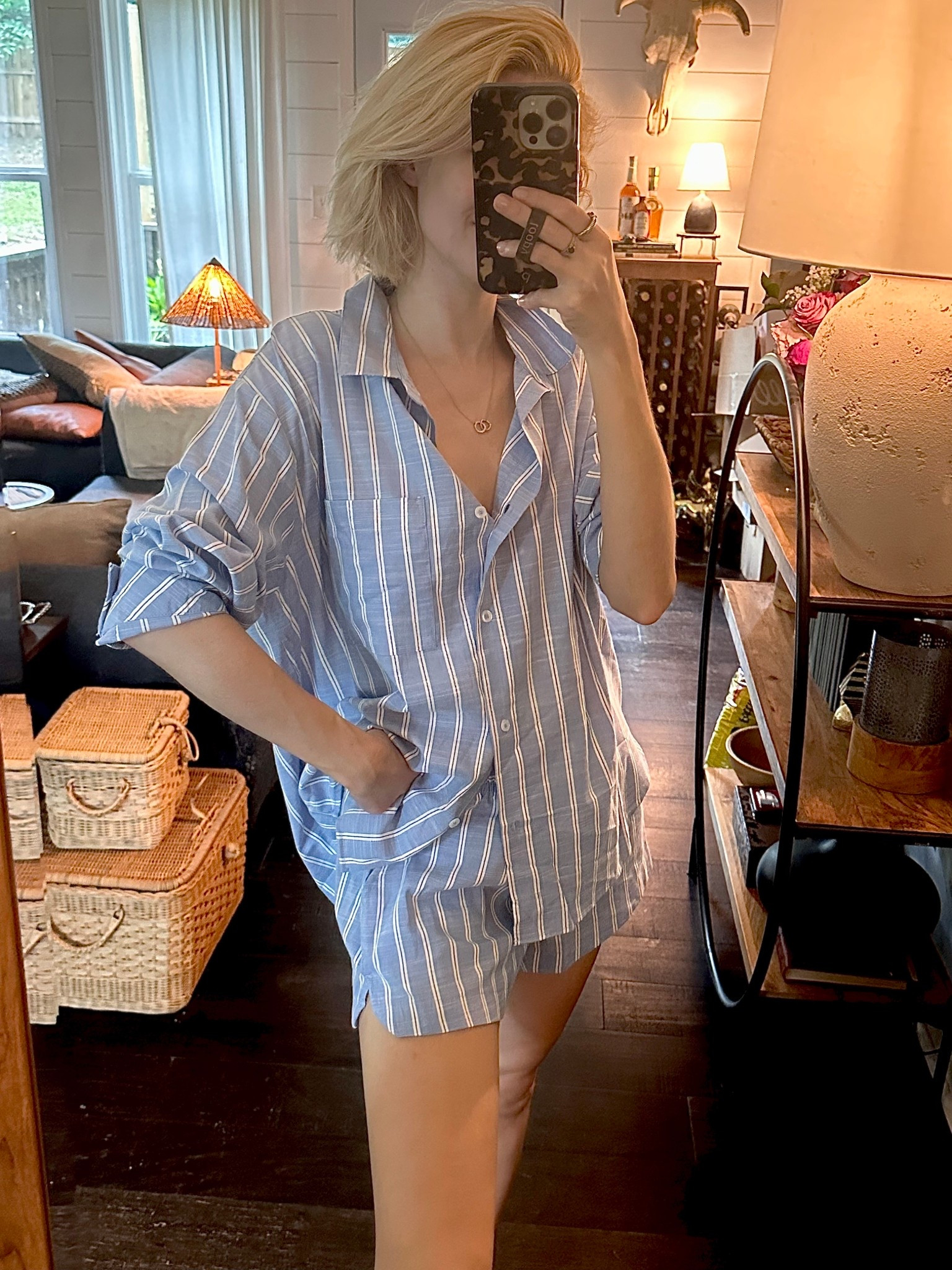 Very into this set. Technically they are Jammie’s but 100% be wearing them as separates. Cole’s in 3 colors & long pants as well. Sized up one size {wearing a small}

Matching set | Jammie’s | pajamas | striped shirt | striped button down | pj’s | under $35 | boxer shorts | coastal | coastal granddaughter | coastal grandmother 

#LTKHome #LTKFindsUnder50 #LTKStyleTip