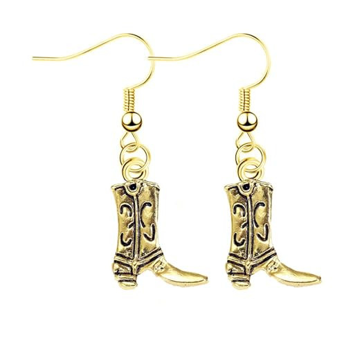 Cowgirl Western Earrings Boho Charm Texas Boots Cowboy Hat Cattle Head Bull Gun Antique Silver Plated Cool Dangle Drop Earrings for Women Country West Style Fashion Jewelry Gifts (Bright gold boot earring) | Amazon (US)