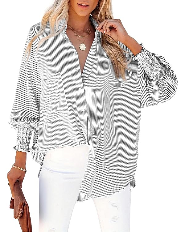 Women's Wrinkle-Resistant Smocked Cuffed Striped Button Shirt with Pocket Oversized Casual Boyfri... | Amazon (US)