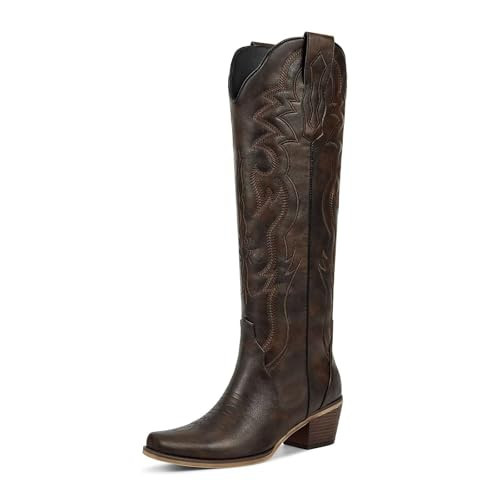 wetkiss Dark Brown Cowboy Boots for Women Knee High Womens Cowgirl Western Tall Boots with Classic Retro Embroidered Chunky Heel Slip On Pointed Toe Women's Country Long Boot for Ladies Party Size 9.5 | Amazon (US)