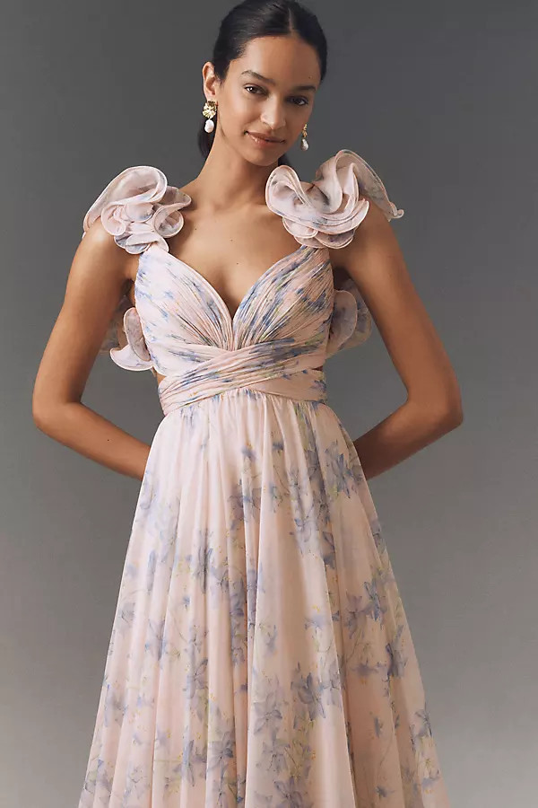 Ruffle-Sleeve V-Neck Tiered Chiffon Maxi Dress | Anthropologie (US)