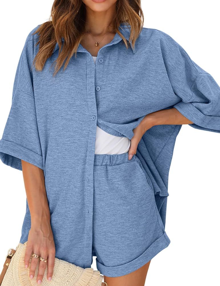 Ekouaer Waffle Knit Lounge Sets for Women Short Sleeve Pajamas Button Down Pjs Oversized Loungewe... | Amazon (US)