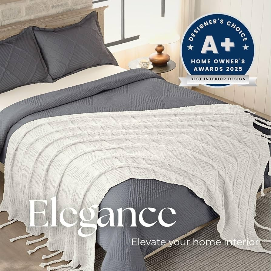 Boho Knitted Chenille Blanket with Tassels - Lightweight & Soft All-Season Throw - 3D Classic Pat... | Amazon (US)