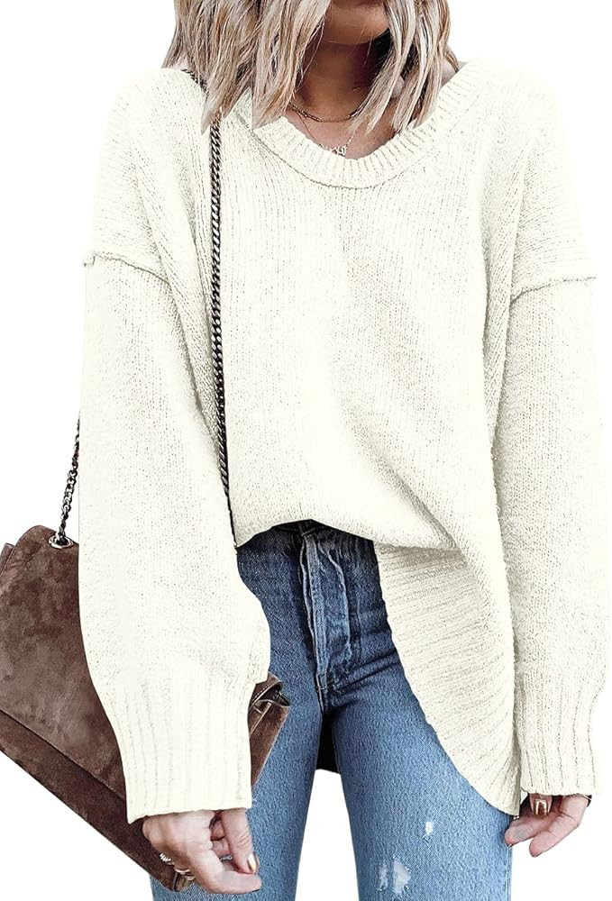 ANRABESS Women’s Casual Long Sleeve V Neck Off Shoulder Loose Baggy Comfy Knit Pullover Sweaters Tun | Amazon (US)