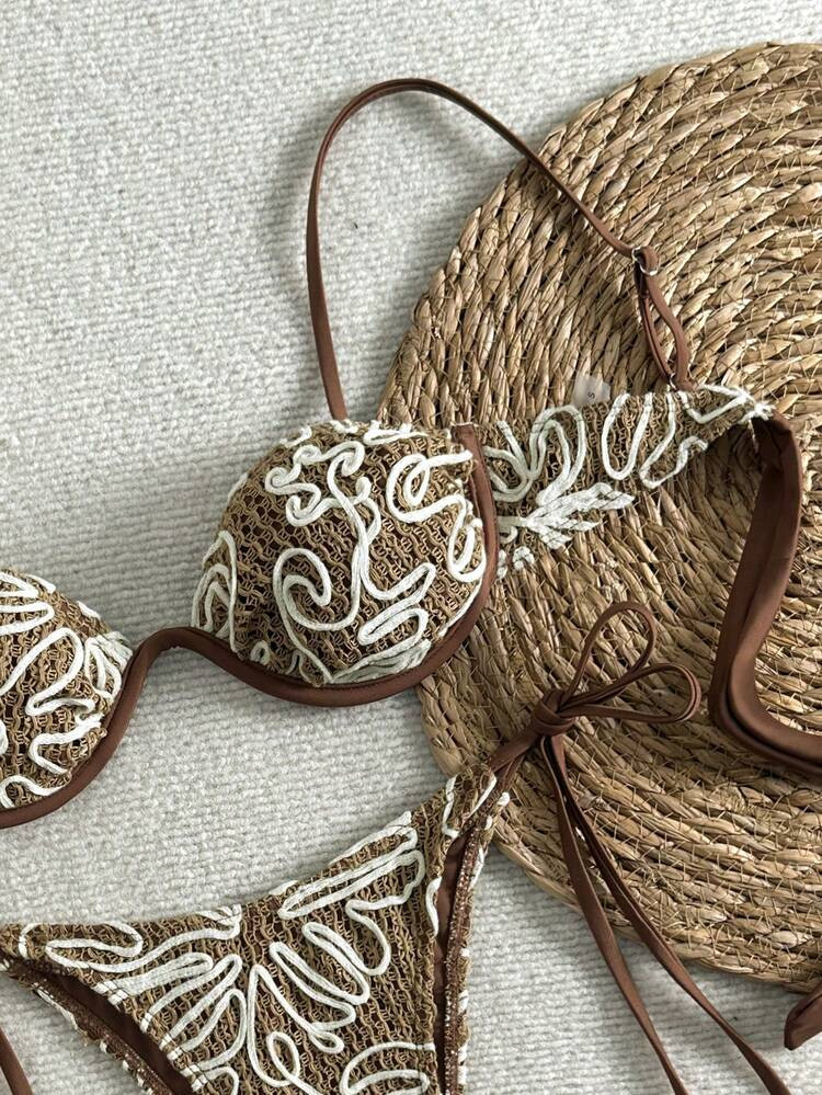 Bikinx Women's Embroidered Crochet Bikini Set Featuring Underwire Bra And Side Tie Bottoms For A Chic Beach Look | SHEIN
