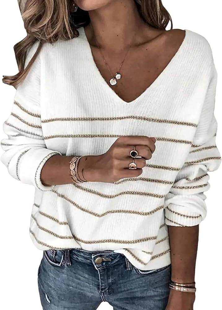 Women's Oversized V Neck Cute Striped Sweaters Fall 2024 Lightweight Cozy Ribbed Knit Long Sleeve... | Amazon (US)