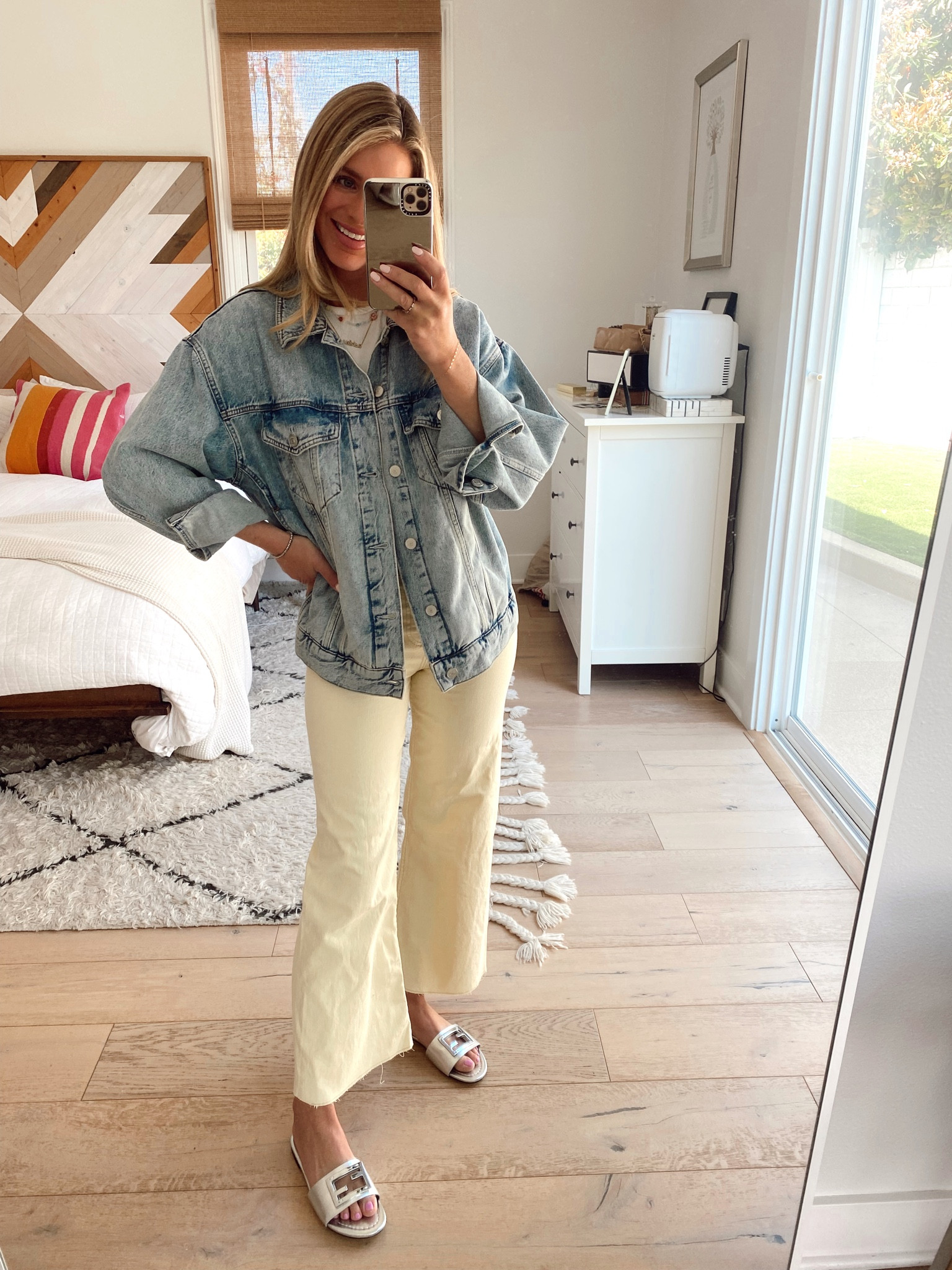 Oversized denim jacket - perfect wardrobe staple. Runs a little big. 
Reformation boyfriend jacket. Fendi slides  

#LTKSeasonal #LTKstyletip #LTKshoecrush