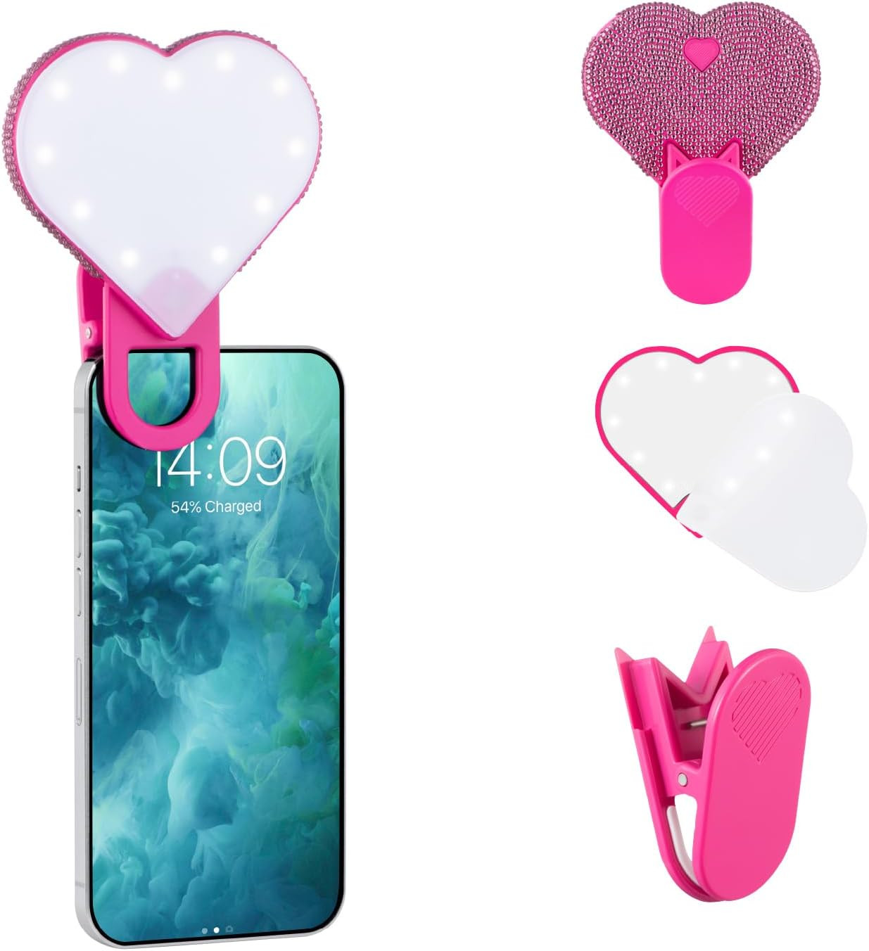 Riki Sweetheart Clip-On LED Makeup Mirror and Selfie Light, Rechargeable with Long-Lasting Battery, CRI 95+ for Phone, Laptop, and iPad, Film for TikTok, Instagram (Hot Pink Sparkle) | Amazon (US)