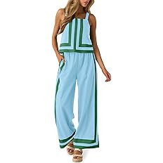 Tankaneo Womens 2 Piece Lounge Set Summer Casual Color Block Cami Top Wide Leg Pants Set Beach Va... | Amazon (US)