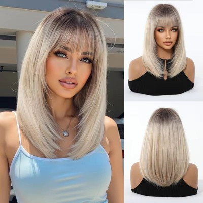 Synthetic Wigs for Women Short Straight Hair with Even Bangs Gradient Gold Inner Curling, Layered Full Head Cover 14 | Target