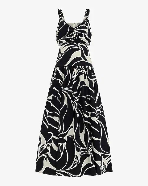Cotton Poplin Printed Cutout Drop Waist Smocked Back Maxi Dress With Pockets | Express