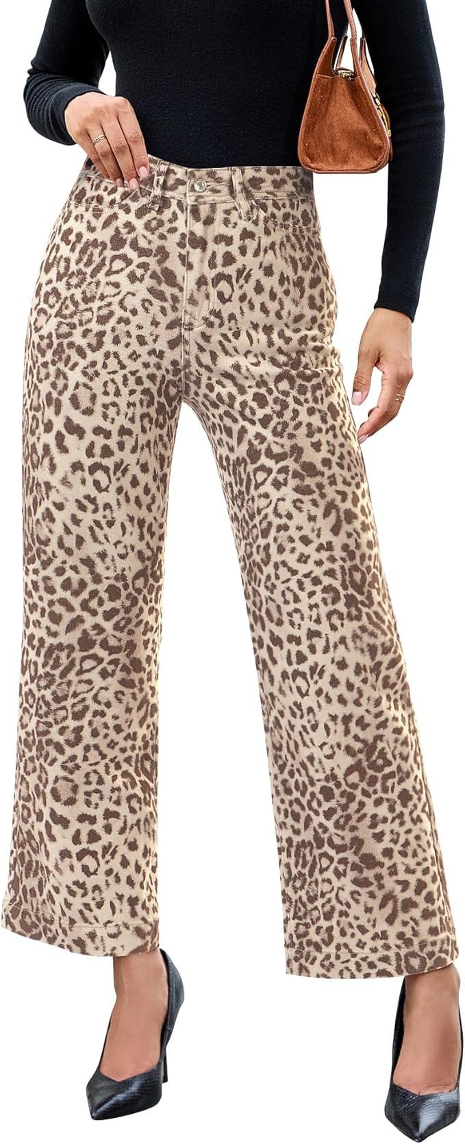 luvamia Wide Leg Jeans Woman Trendy High Waisted Leopard Cheetah Print Ankle Length Stretchy Deni... | Amazon (US)