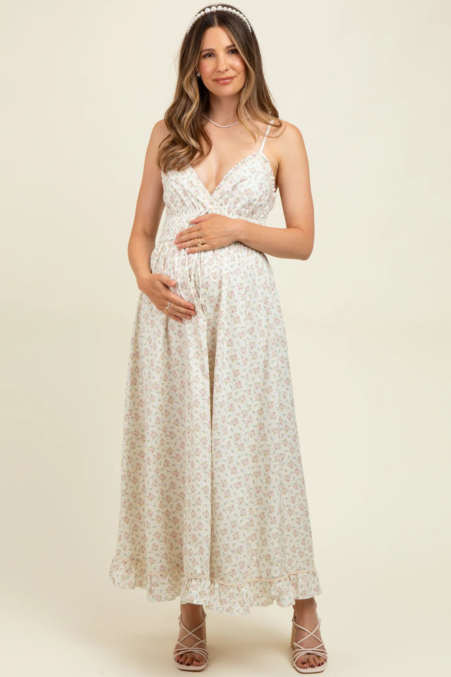 Mauve Floral Smocked Waist Ruffle Accent Maternity Midi Dress | PinkBlush Maternity