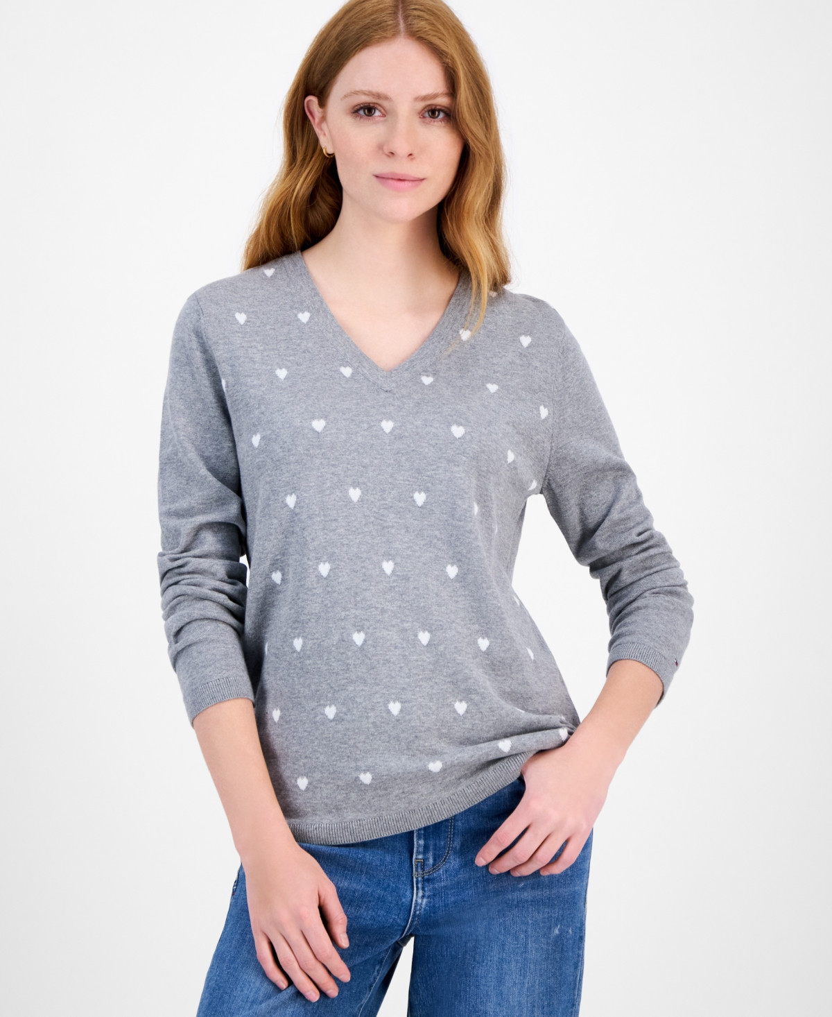 Tommy Hilfiger Women's Cotton Heart V-Neck Sweater - Medium Heather Grey/ Ivory | Macy's