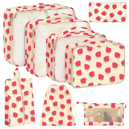 8 Set Packing Cubes for Travel, Travel Luggage Packing Organizers, Travel Accessories Large Toiletries Bag for Clothes Shoes Cosmetics Toiletries (Strawberry) | Amazon (US)