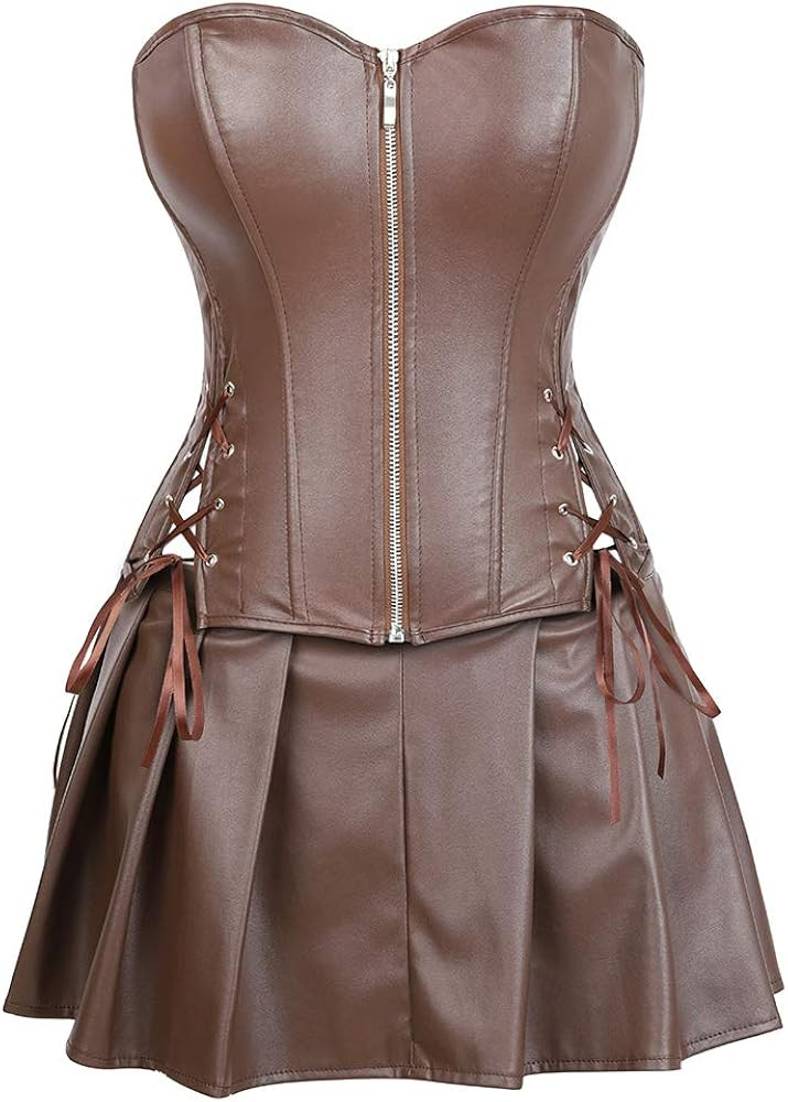 Grebrafan Women Faux Leather Corset Dress Gothic Punk Zipper Bustier with Skirt | Amazon (CA)
