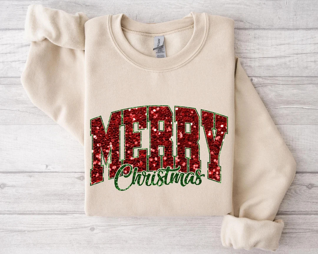 Fake Glitter Merry Christmas Sweatshirt, DTF Printing Winter Holiday Hoodie, Christmas Gift for W... | Etsy (US)