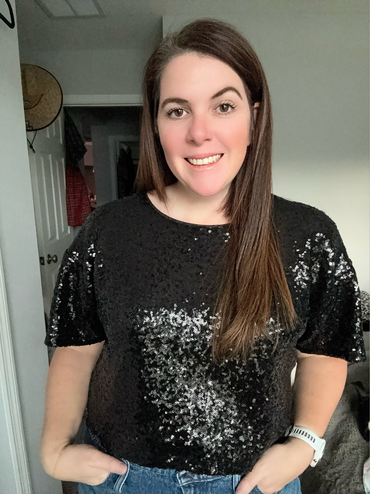 This last sequin top is from Anthropologie and don’t worry, it’s on sale and then on sale again!! This one runs TTS (I sized up for length), it comes in three really pretty color options and is currently on sale for $59.95 and you get an additional 40% off the sale price! 

#LTKstyletip #LTKsalealert #LTKmidsize