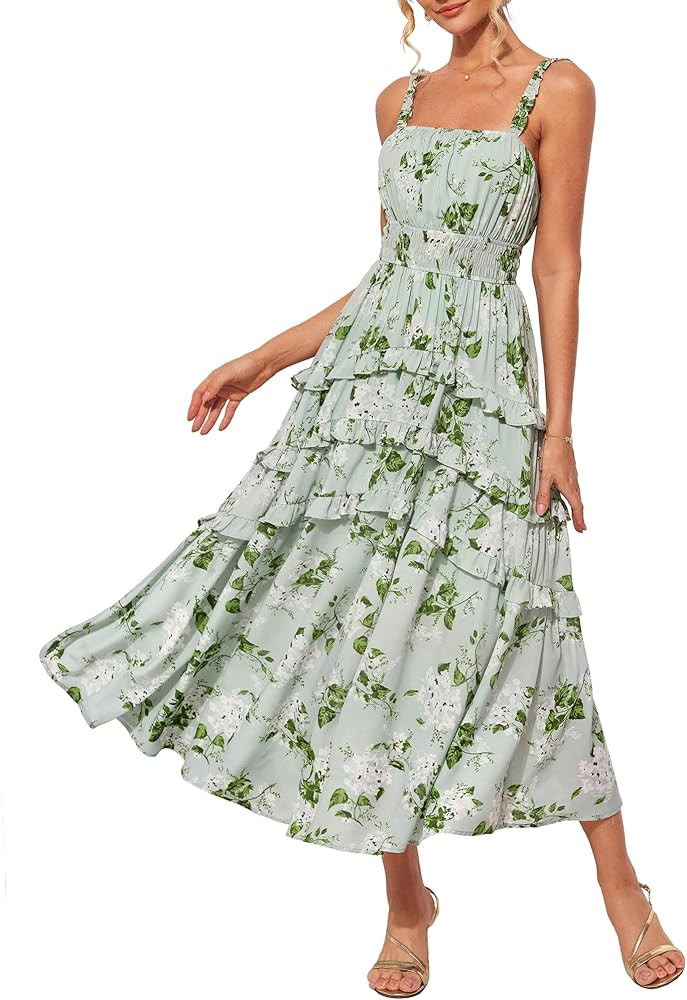 GRACE KARIN Women's Summer Floral Maxi Dress Spaghetti Strap Smocked Tiered Ruffle Flowy A Line B... | Amazon (US)