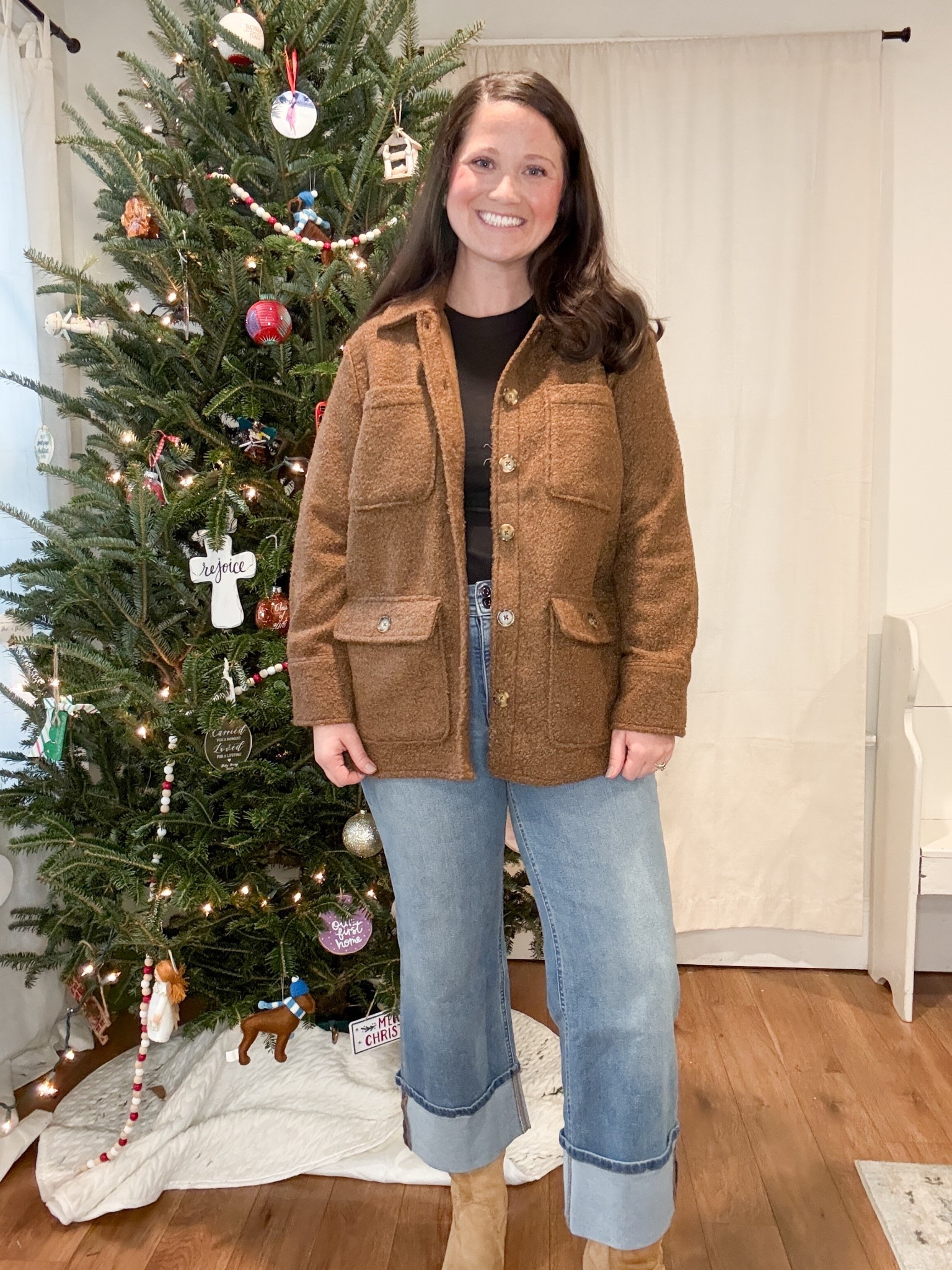 Walmart outfit. Brown jacket. Shacket. Wide leg jeans 
