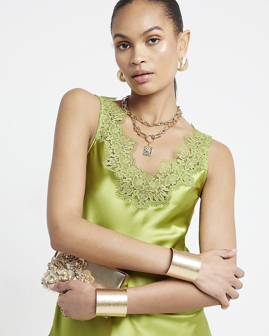 Green satin lace trim tank top | River Island (UK & IE)