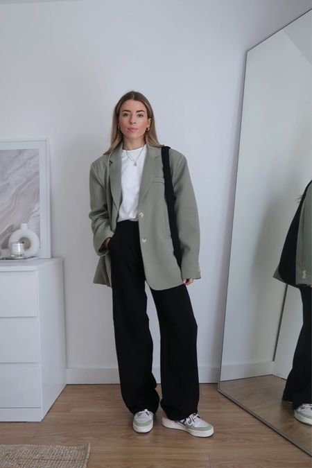 Workwear styling - oversized sage green blazer layered over a white tee & black wide leg trousers 

Tee - size xs 
Blazer - size xs/s
Trousers - actual ones are from princess polly 
Sneaks - true to size 



#LTKstyletip #LTKeurope