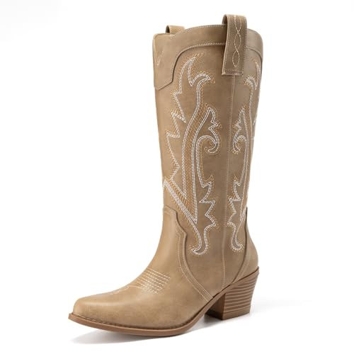 Athlefit Women's Embroidered Western Cowboy Boots Fashion Pointed Toe Chunky Heel Mid Calf Cowgirl Boots Tan Size 9.5 | Amazon (US)