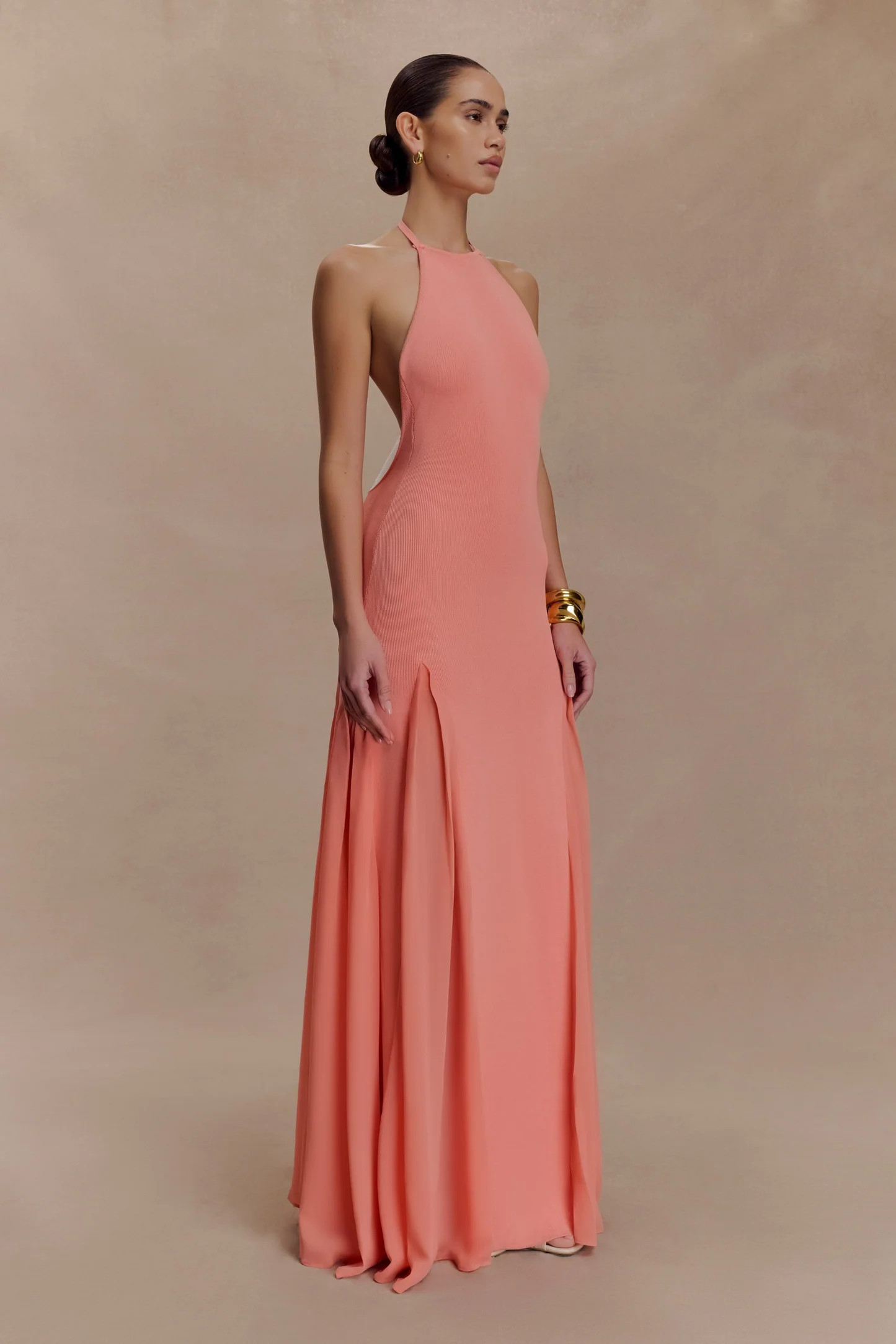 Soleil Knit And Mesh Halter Maxi Dress - Coral | Meshki UK