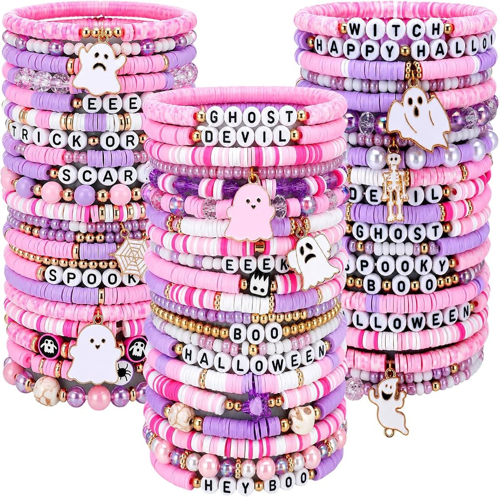 Landical 64 Pcs Pink Halloween Bracelets, Clay Stretch Bands for Women | Amazon (US)