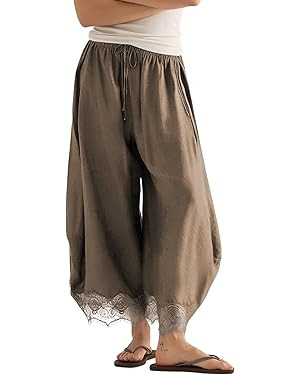 PUWEI Women's Cropped Lace-Hem Pants High Waisted Drawstring Wide Leg Pants Casual Lightweight Tr... | Amazon (US)