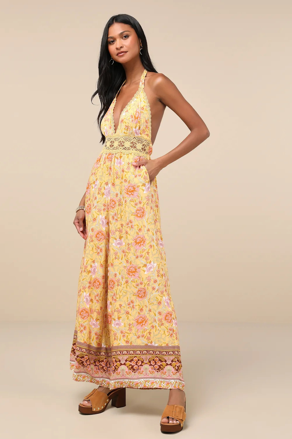Blissful Presence Yellow Floral Crochet Lace Halter Jumpsuit | Lulus