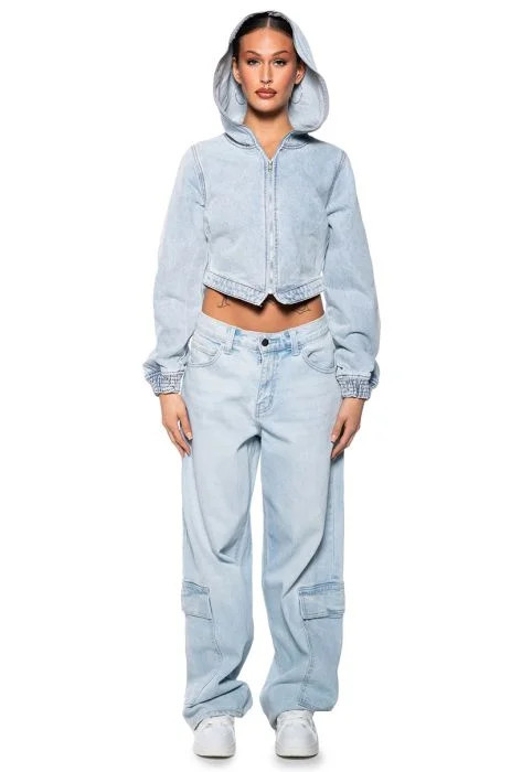 BLEECKER STREET ZIPPER HOOD DENIM JACKET | AKIRA