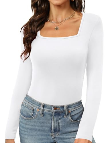 White Long Sleeve Shirts for Women Petite Square Neck Tops Slim Fit Tees S | Amazon (US)