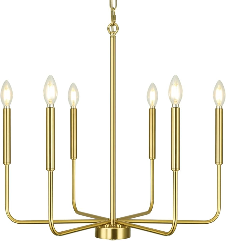 Modern Farmhouse Chandeliers for Dining Room Gold Candle Chandelier 6-Light, Brushed Brass Mid-Ce... | Amazon (US)
