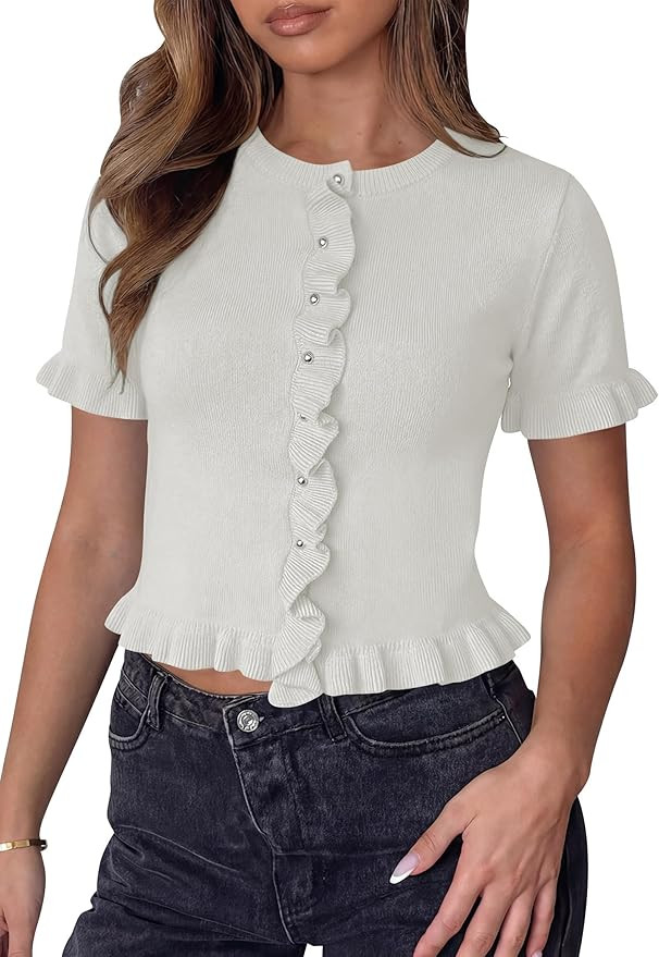 Balimtoy Womens Ruffle Cardigan Short Sleeve Button Down Lightweight Sweater Shirt Cute Summer Kn... | Amazon (US)