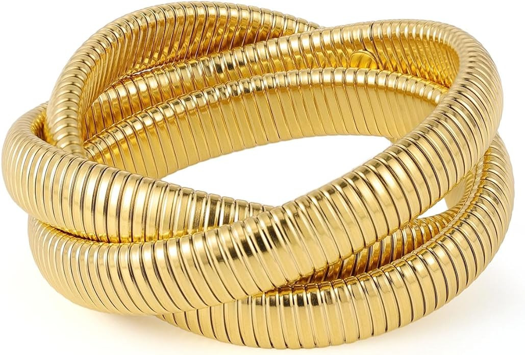 Bangle Bracelet Set 3Pcs, Chunky Titanium Non Tarnish Stretch Bracelet Stack, Flexible Wide Wrist... | Amazon (US)