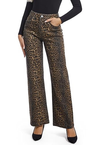 ETTELO Women's Jeans Straight Leg Casual High Waisted Stretch Trendy Leopard Pull On Jeans for Women | Amazon (US)