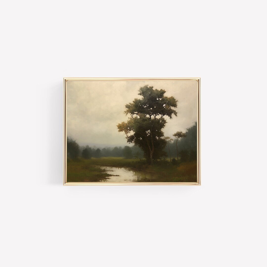 Tree by the River Landscape Water Edge Tree Neutral Vintage Digital Print Landscape Painting Mode... | Etsy (US)