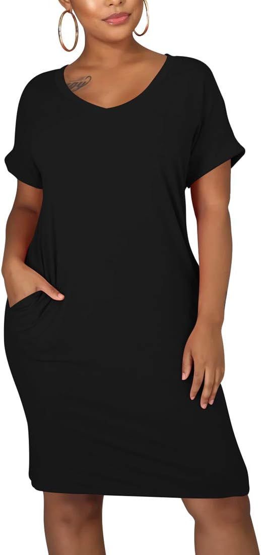 cailami Women's Summer V Neck Short Sleeve Midi Tshirt Dresses Casual Tunic Dress with Pockets | Amazon (US)