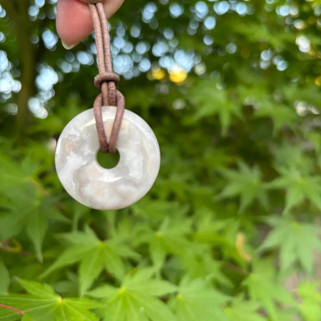 30mm Cream Crazy Lace Agate Leather Cord Donut Necklace Pi Circle Stone. Choose length and cord c... | Etsy (US)