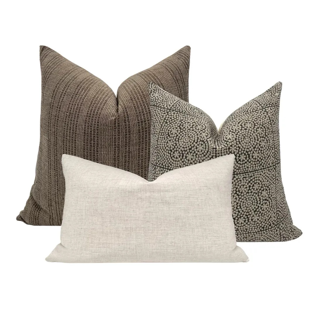 PILLOW COMBO || Set Of Three Designer Pillow Covers, Dark Brown Striped Pillow, Black Block Print... | Etsy (US)